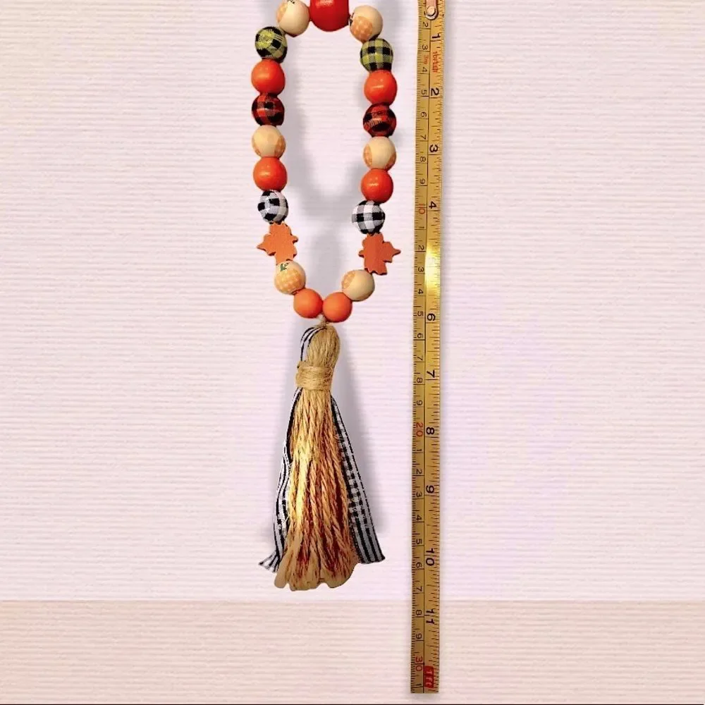 NEW Wood Bead Garland with Plaid Tassels